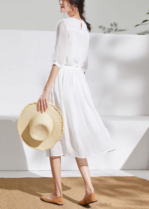 French white linen clothes For Women o neck half sleeve Midi summer Dress - SooLinen