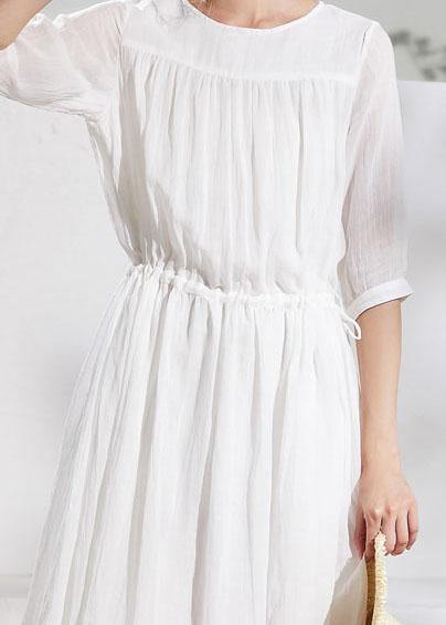 French white linen clothes For Women o neck half sleeve Midi summer Dress - SooLinen