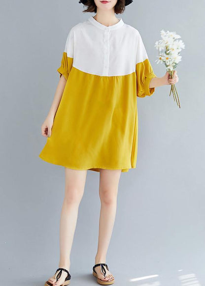 French yellow chiffon dresses Women Fashion o neck patchwork Traveling Summer Dresses - SooLinen