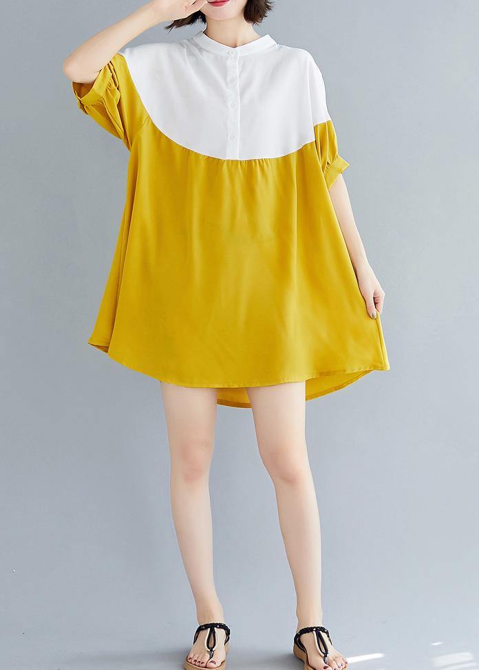 French yellow chiffon dresses Women Fashion o neck patchwork Traveling Summer Dresses - SooLinen