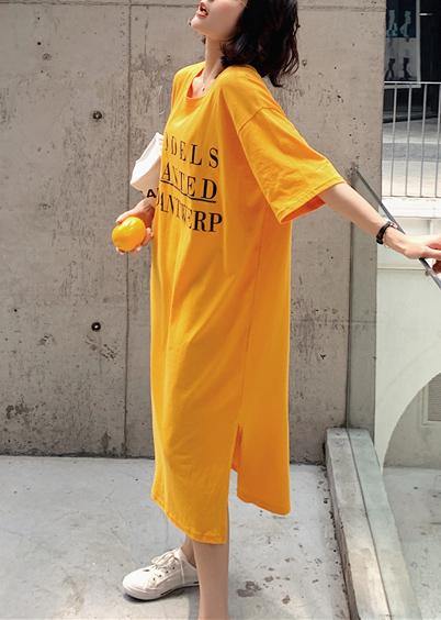 French yellow cotton tunic dress side open Robe summer Dresses - SooLinen
