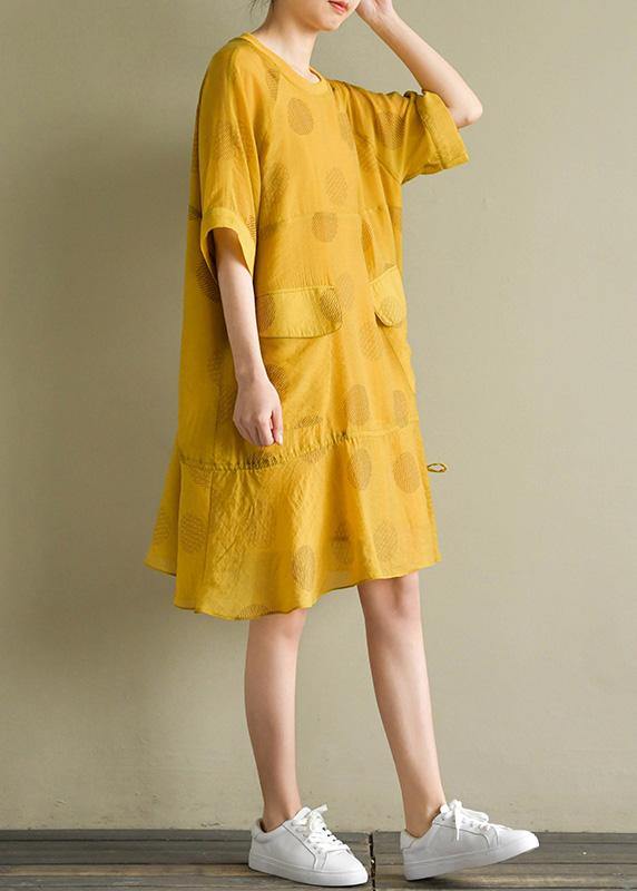 French yellow dotted linen chiffon blended dresses o neck drawstring baggy summer Dress - SooLinen