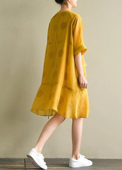 French yellow dotted linen chiffon blended dresses o neck drawstring baggy summer Dress - SooLinen