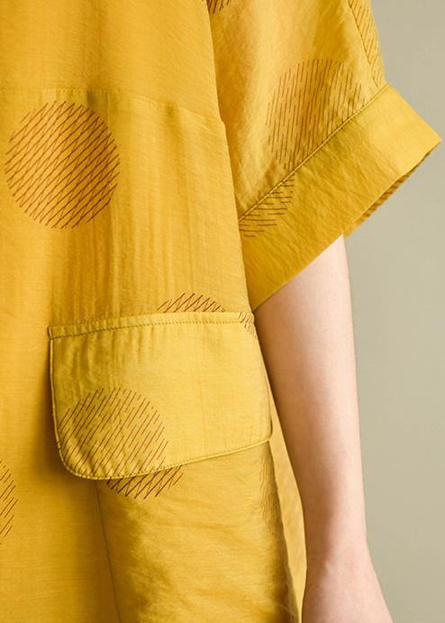French yellow dotted linen chiffon blended dresses o neck drawstring baggy summer Dress - SooLinen