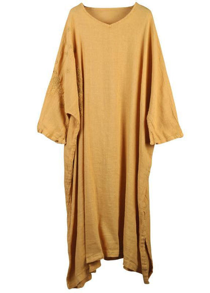 French yellow linen dresses side open linen robes v neck Dress - SooLinen