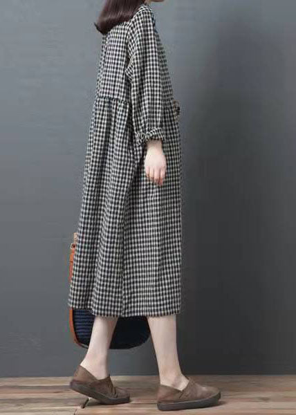 French Black Plaid Clothes Women Lapel Patchwork Traveling Dresses