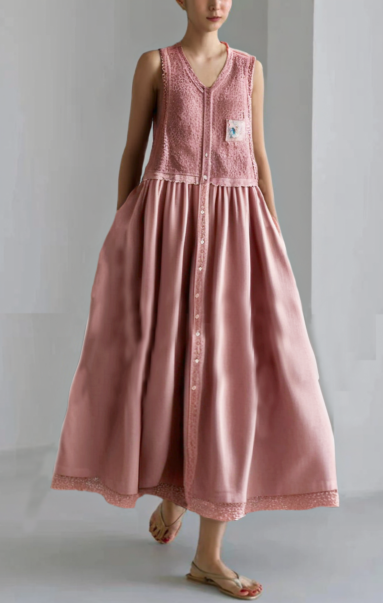 Grace Pink Ruffled Pockets Lace Patchwork Corduroy Dress Sleeveless