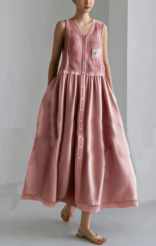 Grace Pink Ruffled Pockets Lace Patchwork Corduroy Dress Sleeveless
