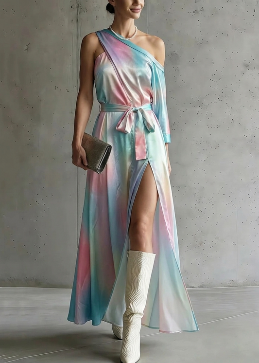 Fashion Rainbow Asymmetrical Patchwork Silk Maxi Dress Summer