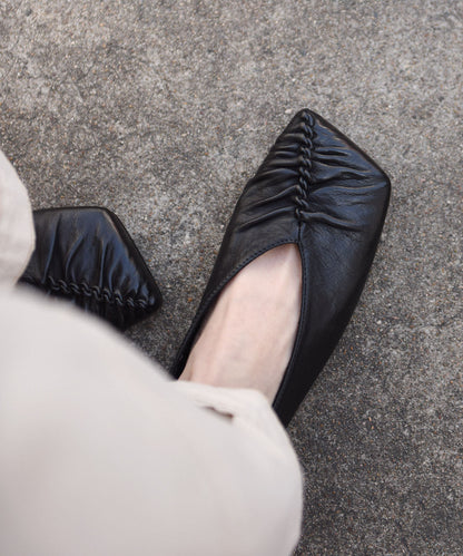 Genuine Leather Flat Shoes Black Wrinkled Flat Feet Shoes