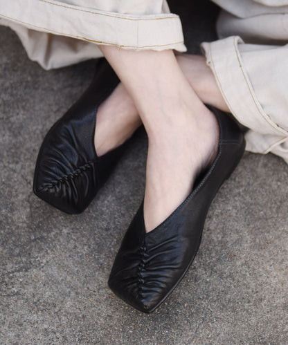 Genuine Leather Flat Shoes Black Wrinkled Flat Feet Shoes