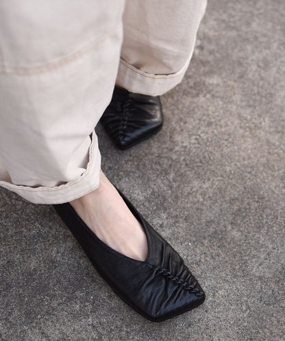 Genuine Leather Flat Shoes Black Wrinkled Flat Feet Shoes