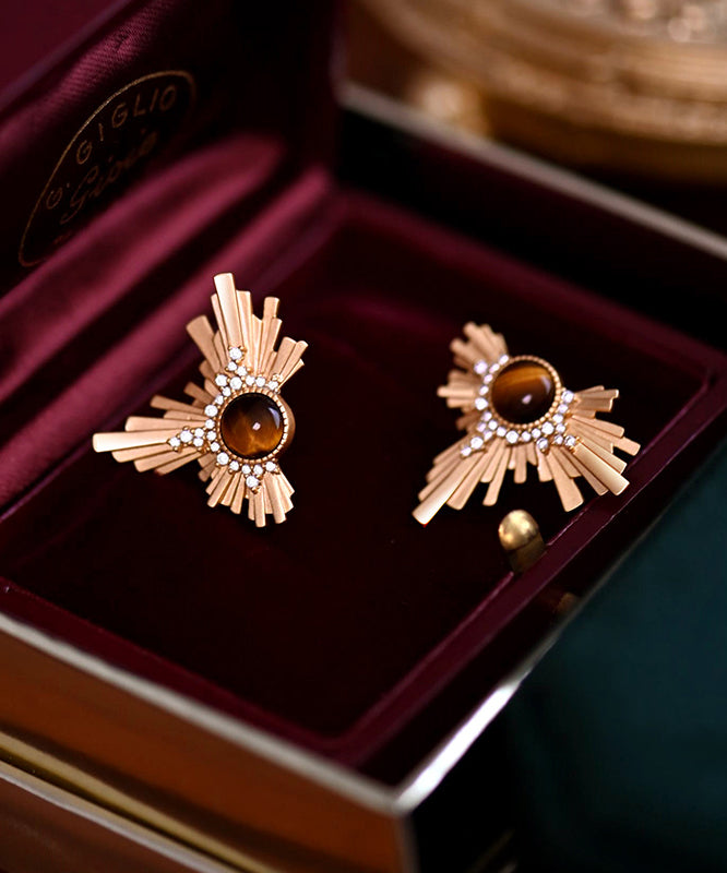 Gilded Amber Cat's Eye Original Design 14K Gold Stud Earrings