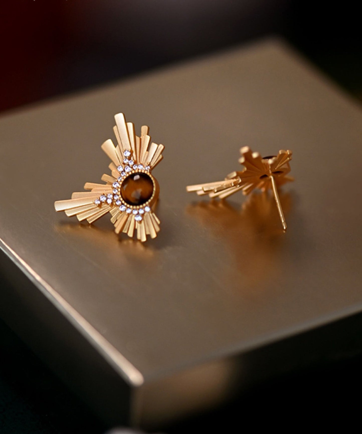 Gilded Amber Cat's Eye Original Design 14K Gold Stud Earrings