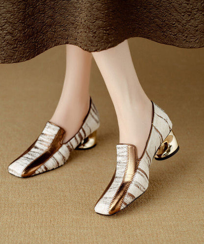 Gold Chunky Shoes Cowhide Leather Art Splicing Horsehair