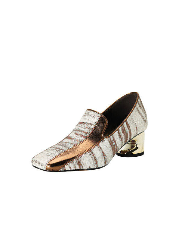 Gold Chunky Shoes Cowhide Leather Art Splicing Horsehair