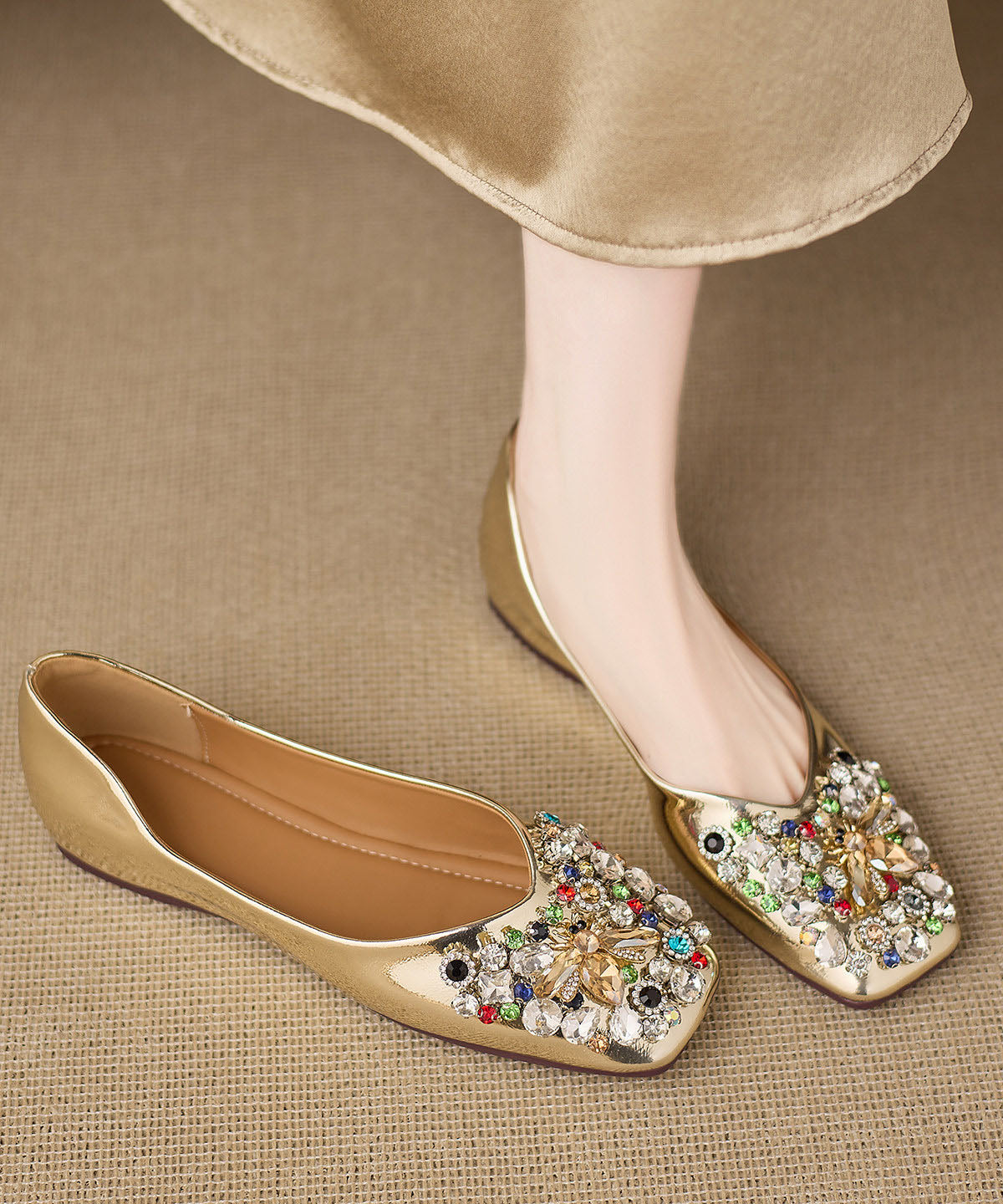 Gold Cowhide Leather Flat Feet Shoes Splicing Zircon