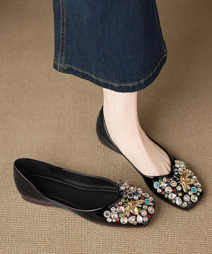 Gold Cowhide Leather Flat Feet Shoes Splicing Zircon