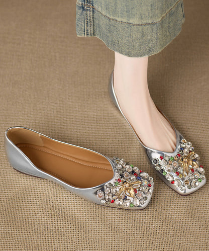 Gold Cowhide Leather Flat Feet Shoes Splicing Zircon