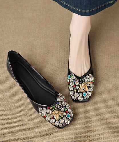 Gold Cowhide Leather Flat Feet Shoes Splicing Zircon