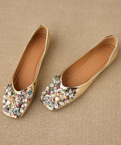 Gold Cowhide Leather Flat Feet Shoes Splicing Zircon