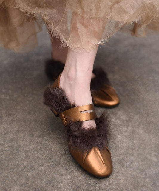 Gold Faux Fur Splicing Sheepskin Flat Shoes For Women