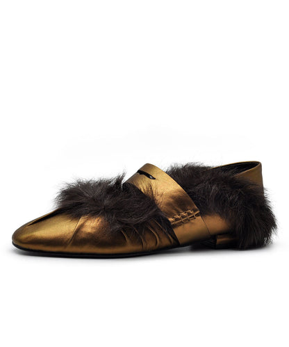 Gold Faux Fur Splicing Sheepskin Flat Shoes For Women