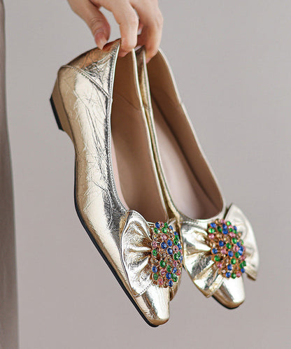Gold Faux Leather Chic Splicing Bow Zircon Flats Shoes