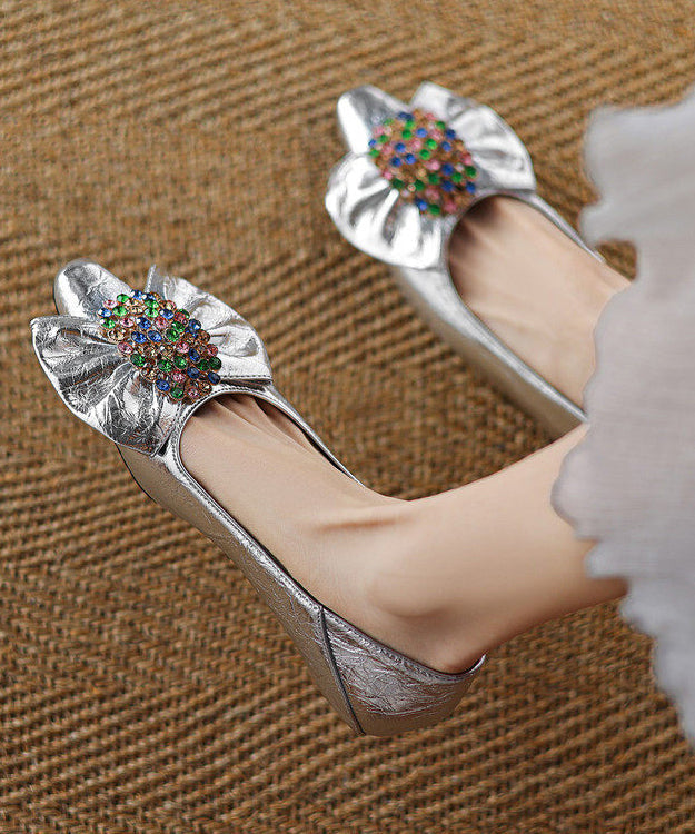 Gold Faux Leather Chic Splicing Bow Zircon Flats Shoes