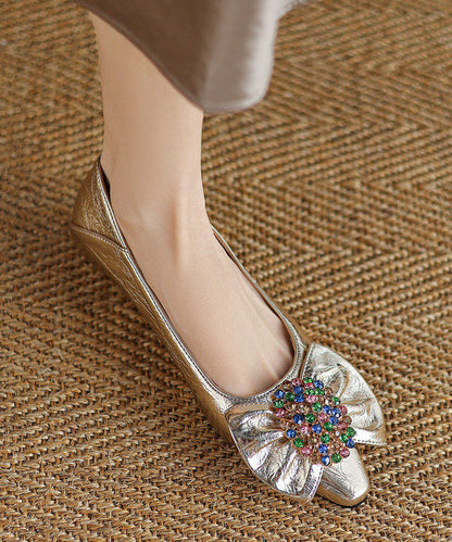 Gold Faux Leather Chic Splicing Bow Zircon Flats Shoes