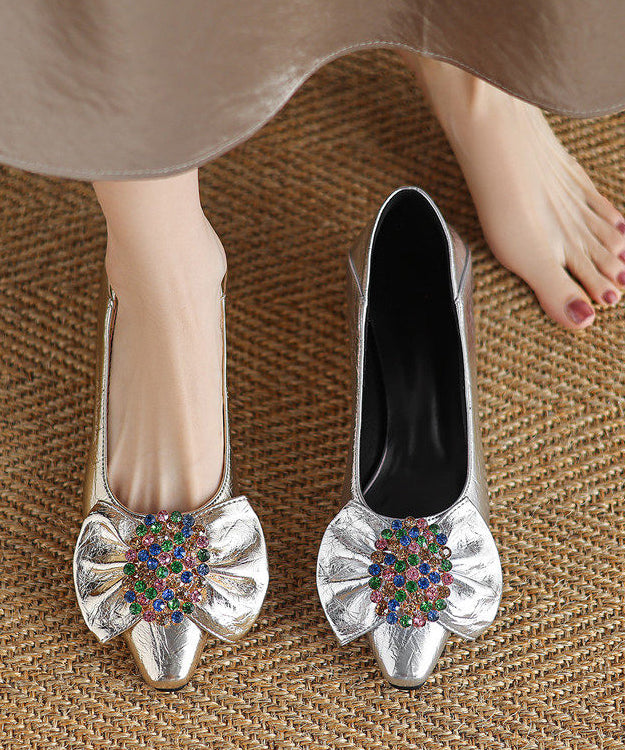 Gold Faux Leather Chic Splicing Bow Zircon Flats Shoes