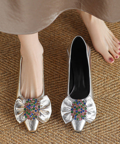 Gold Faux Leather Chic Splicing Bow Zircon Flats Shoes