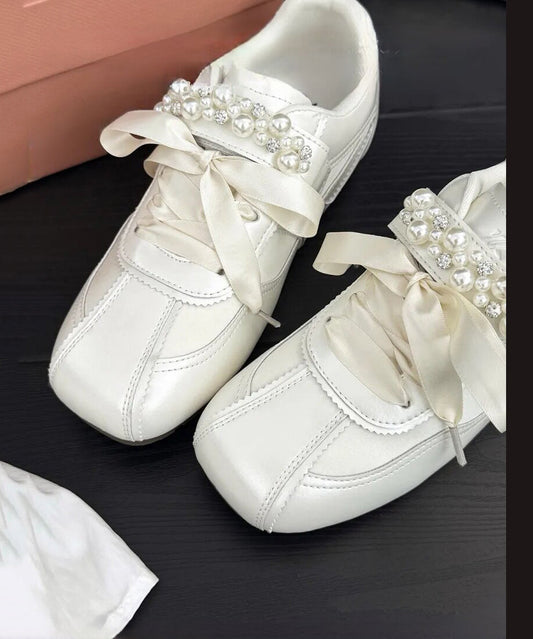 Gold Nail Bead Bow Lace Up Women Splicing Flat Shoes