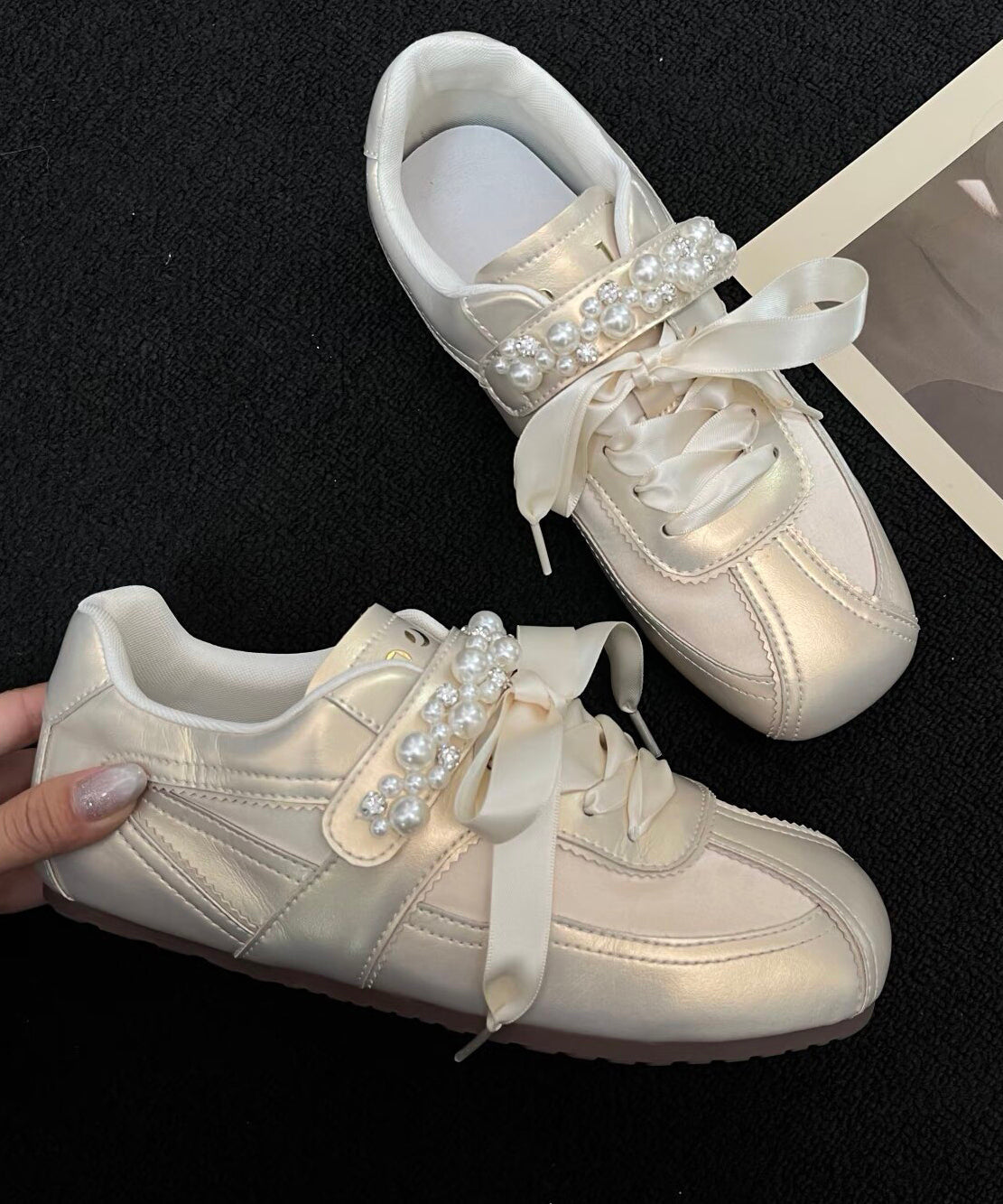 Gold Nail Bead Bow Lace Up Women Splicing Flat Shoes