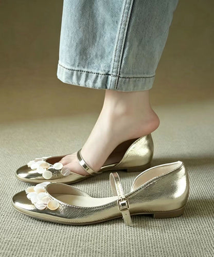 Gold Round Toe Shell Decor Buckle Strap Faux Leather Wedge Shoes