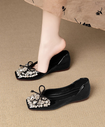 Gold Sheepskin Bow Zircon Nail Bead Splicing Flat Shoes