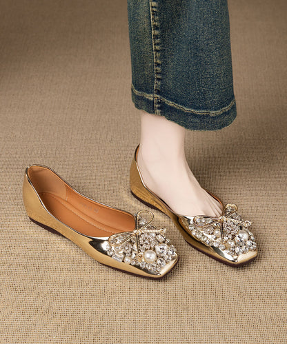 Gold Sheepskin Bow Zircon Nail Bead Splicing Flat Shoes