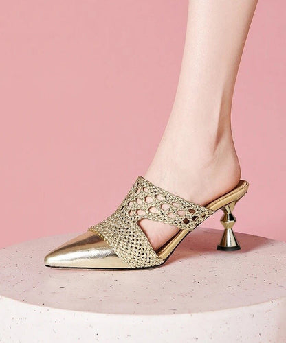 Gold Splicing High Heel Cowhide Leather Slide Sandals Hollow Out