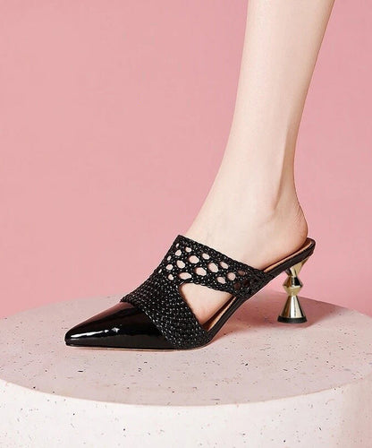 Gold Splicing High Heel Cowhide Leather Slide Sandals Hollow Out