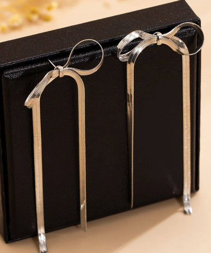 Gold Weave Bow Tassel Long Drop Earrings for Women