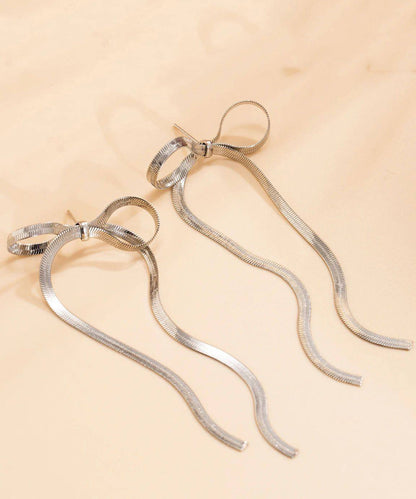 Gold Weave Bow Tassel Long Drop Earrings for Women