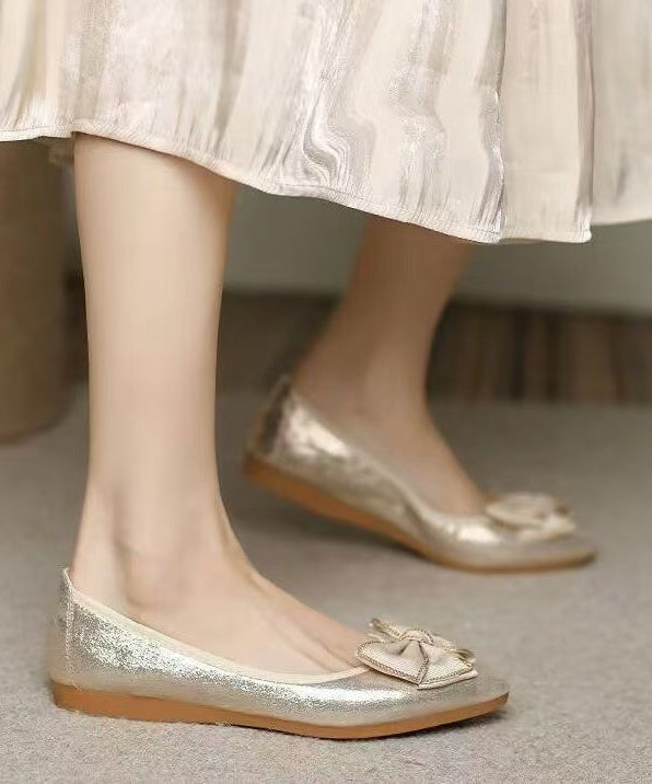 Golden Bow Flat Shoes For Women Pointed Toe Flats