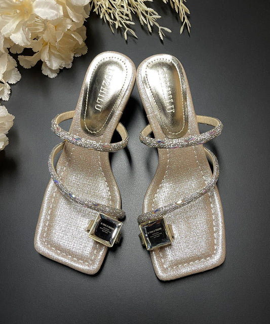 Golden High Heel Faux Leather Boutique Rhinestone Thong Sandals