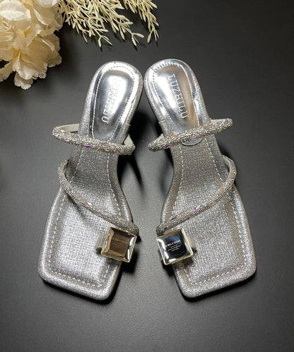 Golden High Heel Faux Leather Boutique Rhinestone Thong Sandals