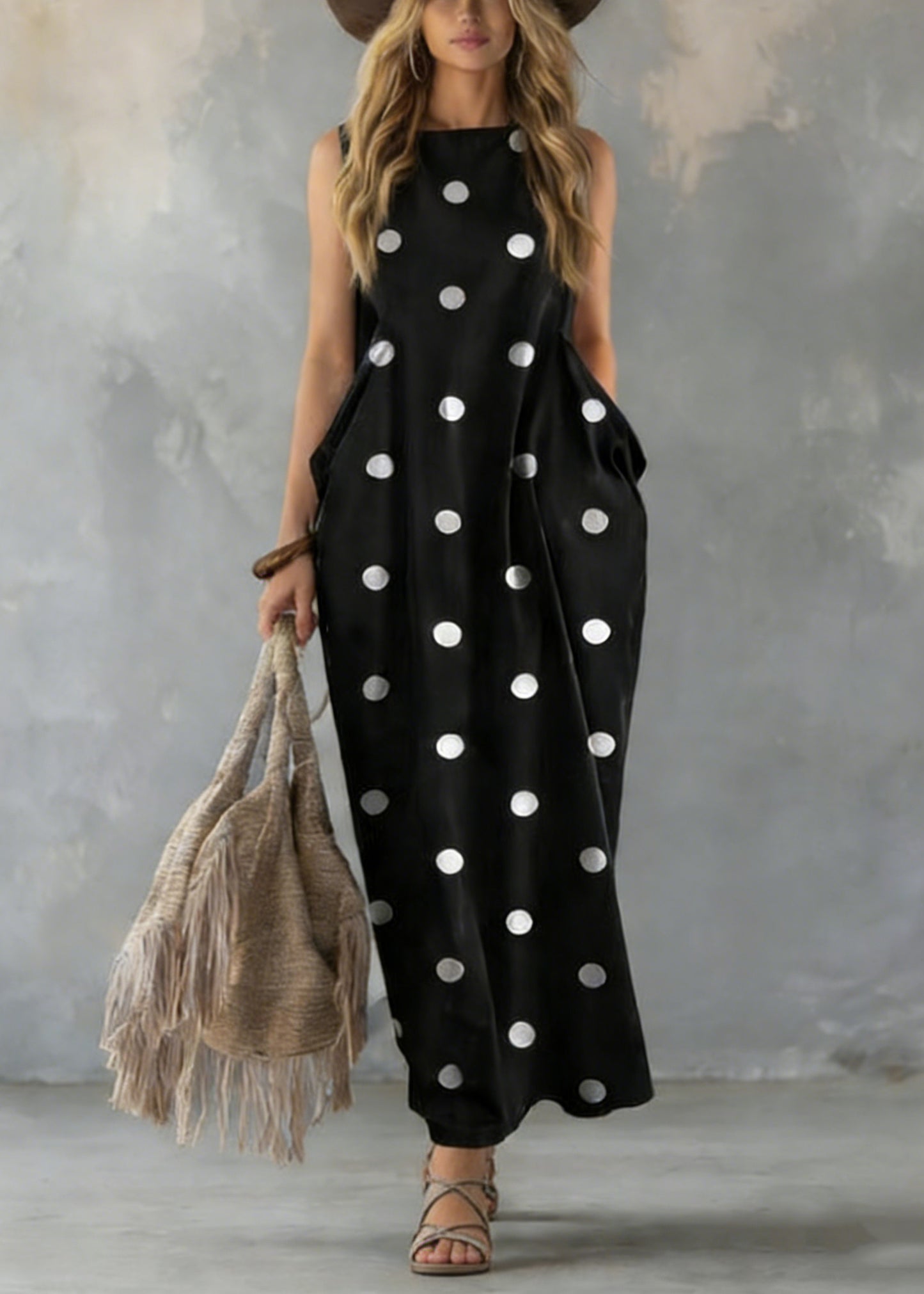 Grace Black Dot Print Pockets Long Dresses Sleeveless