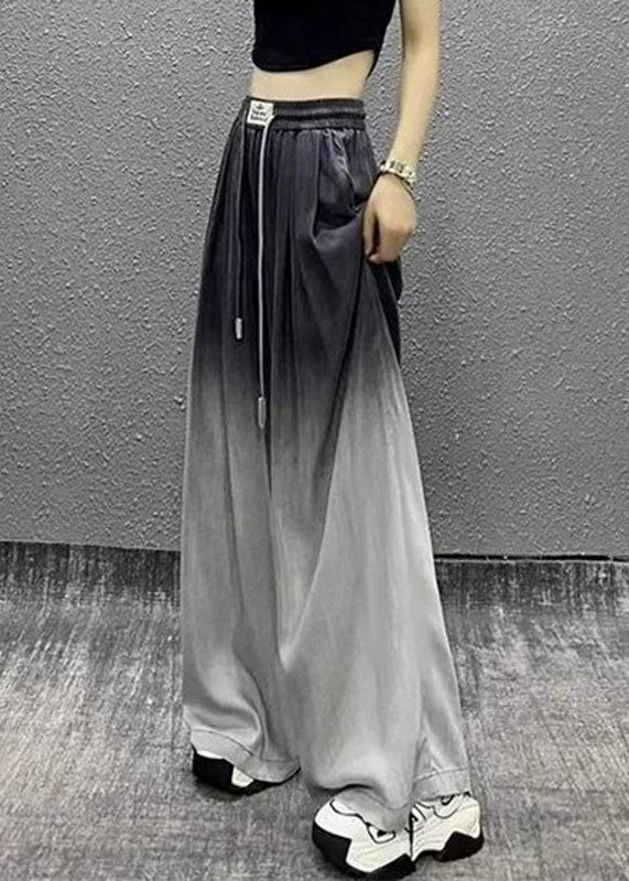 Gradient Color Black Drawstring Pockets Patchwork Wide Leg Jeans Fall