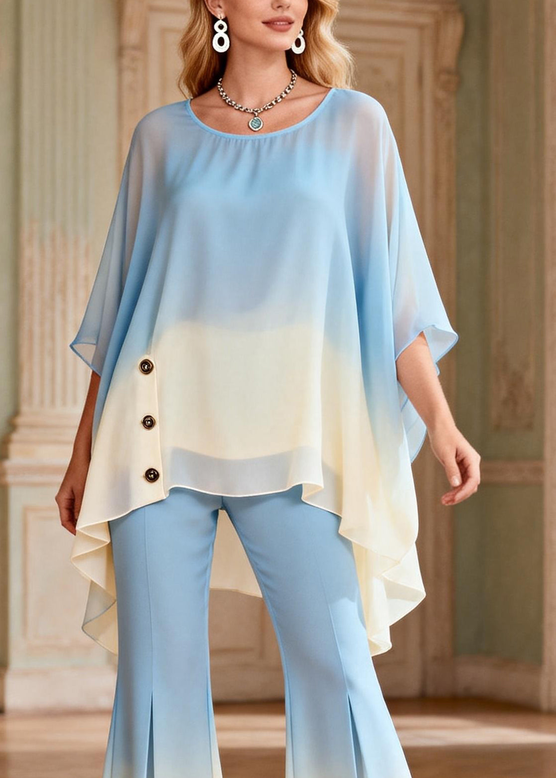 Gradient Color Blue O-Neck Top And Flared Trousers Two Pieces Set Flare Sleeve