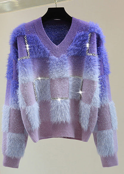 Gradient Color Blue O-Neck Zircon Ma Hai Mao Cotton Knit Sweater Tops Winter