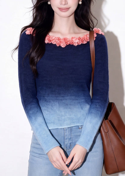 Gradient Color Blue Slash Neck Floral Cotton Knit Sweaters Fall