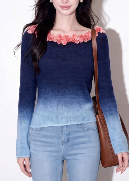 Gradient Color Blue Slash Neck Floral Cotton Knit Sweaters Fall